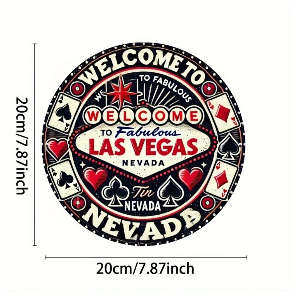 Vintage Las Vegas Nevada Metal Wall Sign - Retro Poker Round Decor with Cards & Dice, Home Bar Café Art, Poker Party Use