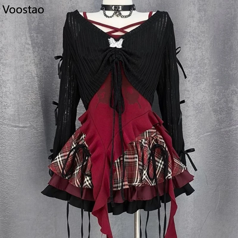 

Autumn Gothic Lolita Style 3 Piece Set Women Chic Dark Punk Print Vest Black Tops Mini Plaid Skirt Female Streetwear Y2k Outfits