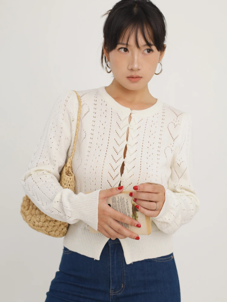 

Винтажный кардиган Ohmyloli с вырезами в форме сердца, вязаный, с длинными рукавами, из дышащей сетки, плиссированный, женский свитер-пуловер