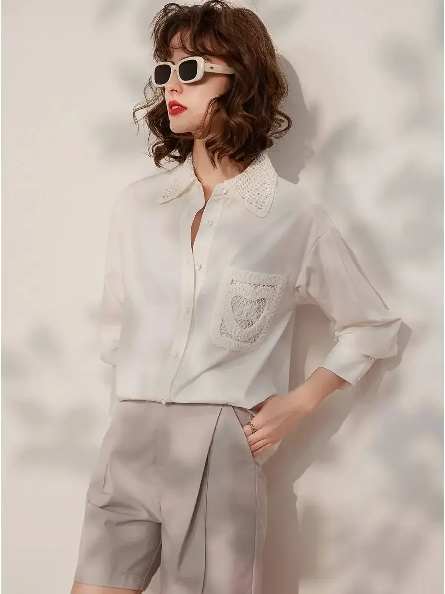 LOUIS YAO Women Shirt 2024 Spring Hollow Out Lace Blouses Turn Down Collar Long Sleeve Elegant Casual Loose White Shirt