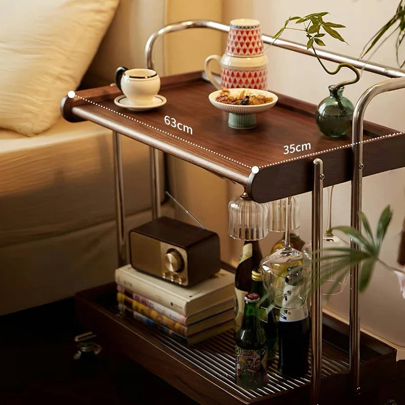 Solid wood coffee table removable sofa side cart walnut retro edge living room trolley bedside storage
