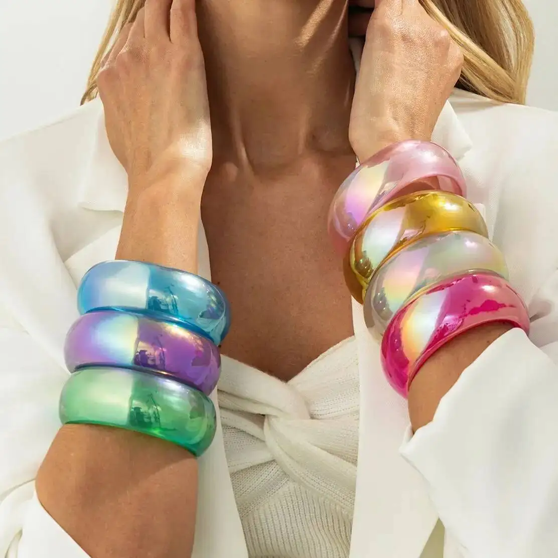 KunJoe 7 Colors Fashion Round Chunky Resin Acrylic Bangles Women Punk Geometric Stackable Wide Cuff Bracelet Jewelry Accessories