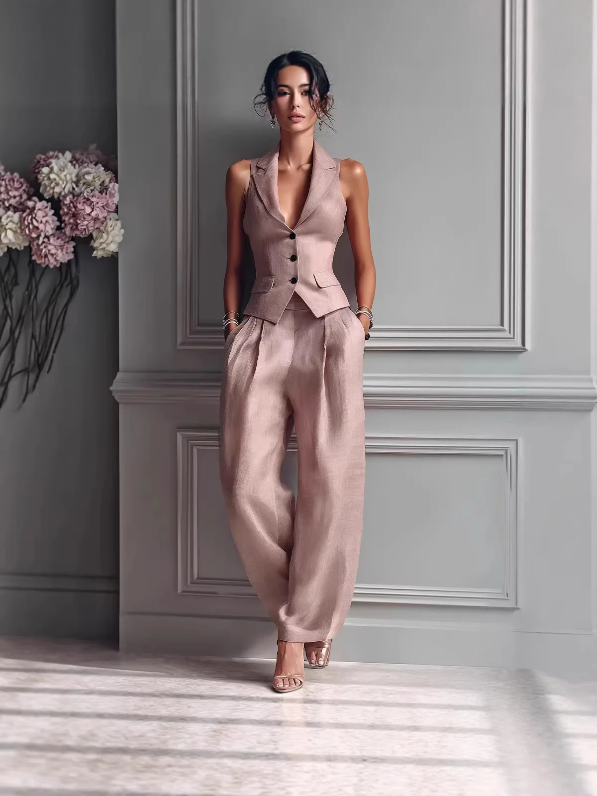 Sexy V Neck Vest Top 2 Piece Matching Set Women Summer Casual Tracksuit Jumpsuit Pants Playsuit