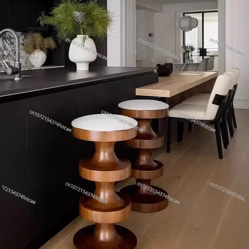 Vintage solid wood bar chair, French home bar stool, high-end dining chair, small round stool, home furniture