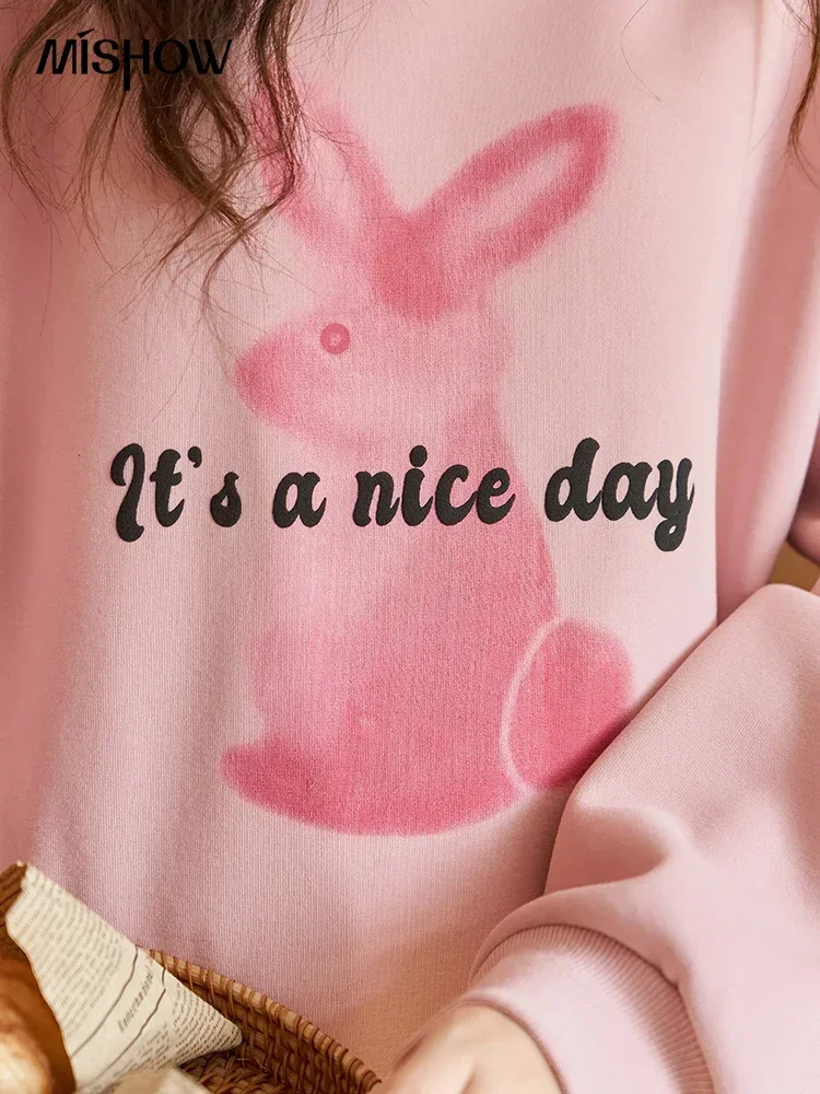 MISHOW Pink Rabbit Print Oversized Sweatshirt for Women Autumn Winter Fashion Casual Loose O-neck Thickened Top MXC53V0072