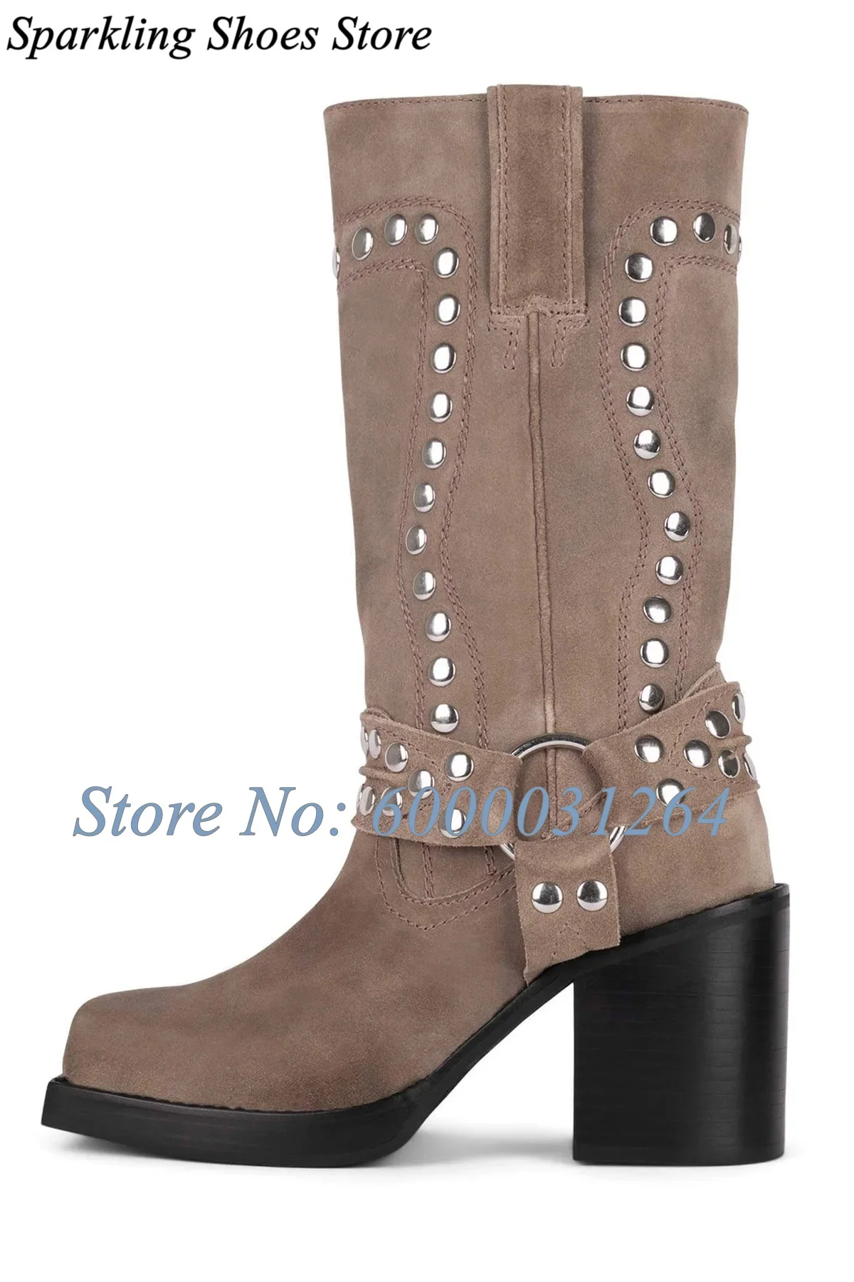 Groene Klinknagels Suède Enkellaarsjes Stud Gesp Decor Blokhak Botas Trek Op Cowboy Vierkante Neus Effen Laarsjes Vrouwen Nieuwe Luxe Schoenen