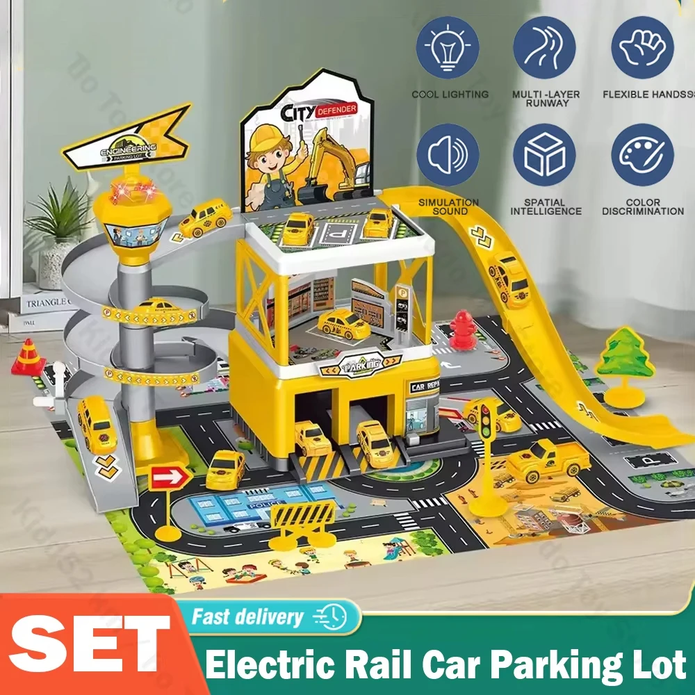 電動レールカー駐車場 DIY ビルディングアドベンチャーレーシングレールカーおもちゃ子供の脳機械式インタラクティブレールカーギフト