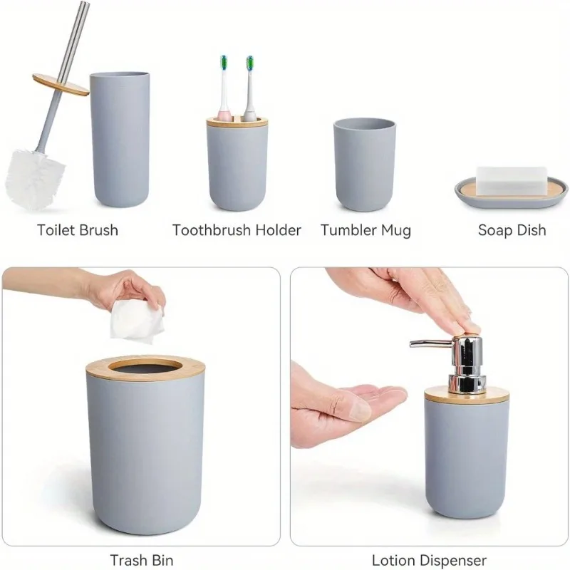 6pcs Bathroom Accessories Bathroom Trash Can Toilet Brush Set Toothbrush Cup Lotion Bottle Soap Box with Pump
