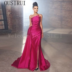 OUSIRUI Exquisite Mermaid Long Fuchsia Evening Dresses Arabic Overskirt Side Slit Women Strapless Wedding Formal Party Gowns