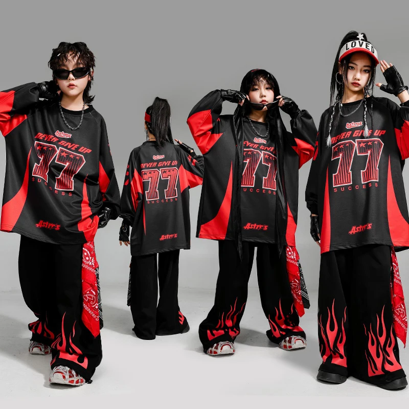 Hip Hop Kostüm Für Mädchen Jungen Schwarz Rot Flamme Show Bühne Outfits Jazz Dance Performance Tragen Party Street Dance Tragen XH2099