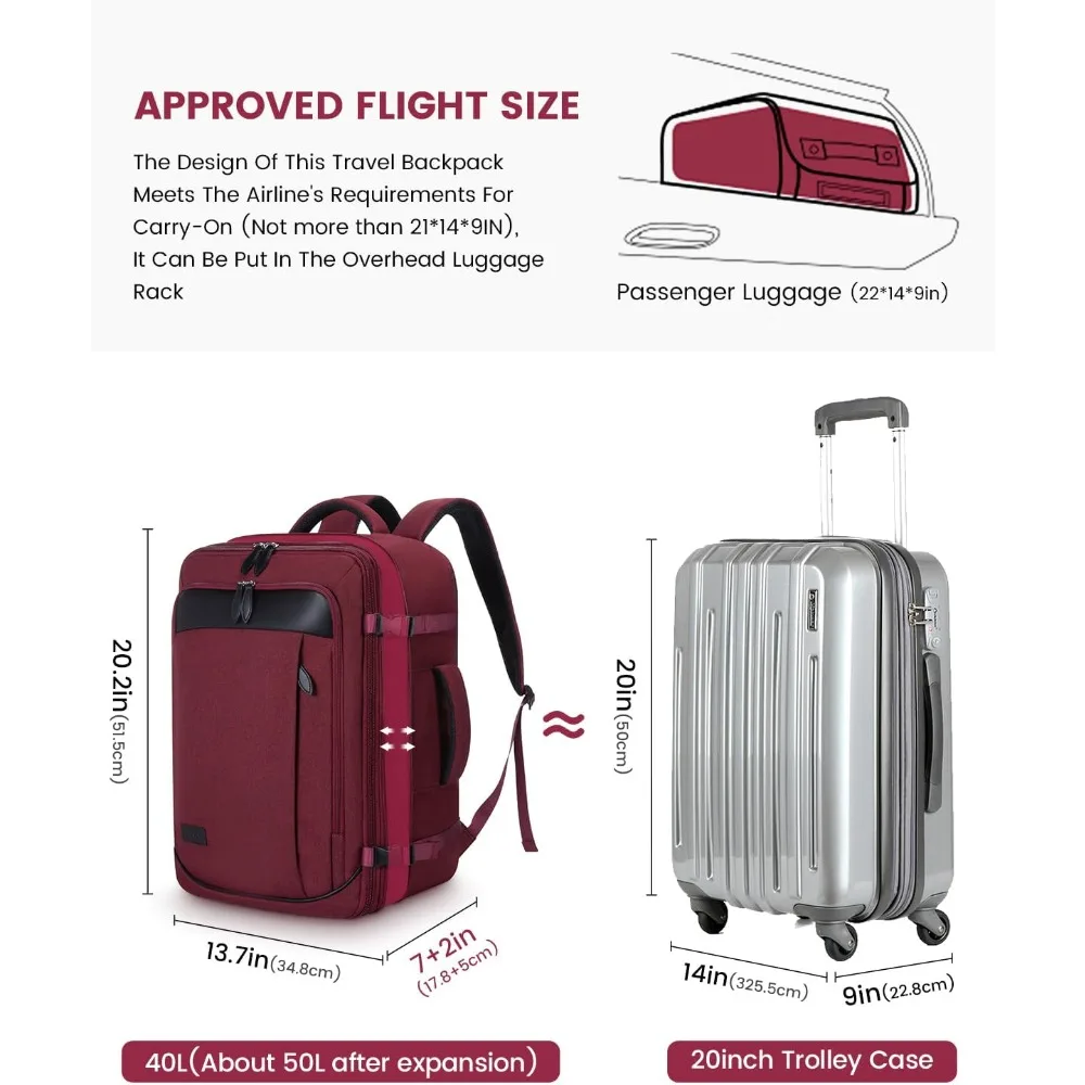 حقيبة ظهر كبيرة للسفر قابلة للتوسيع سعة 45 لترًا للرجال والنساء، معتمدة من شركة الطيران، مثالية لحمل الحقائب مع مساحة تخزين إضافية O