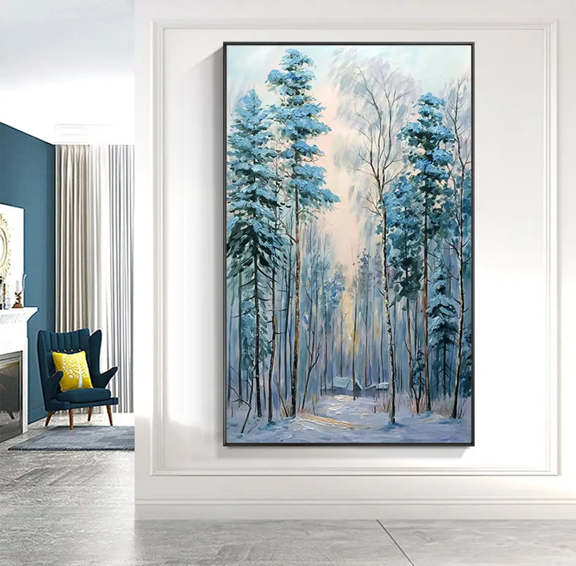 

Hand Painted Forest Painting On Canvas Abstract Snow Scene Forest Blue Forest Painting Large Wall Art Acrylic Bedroom Home Decor