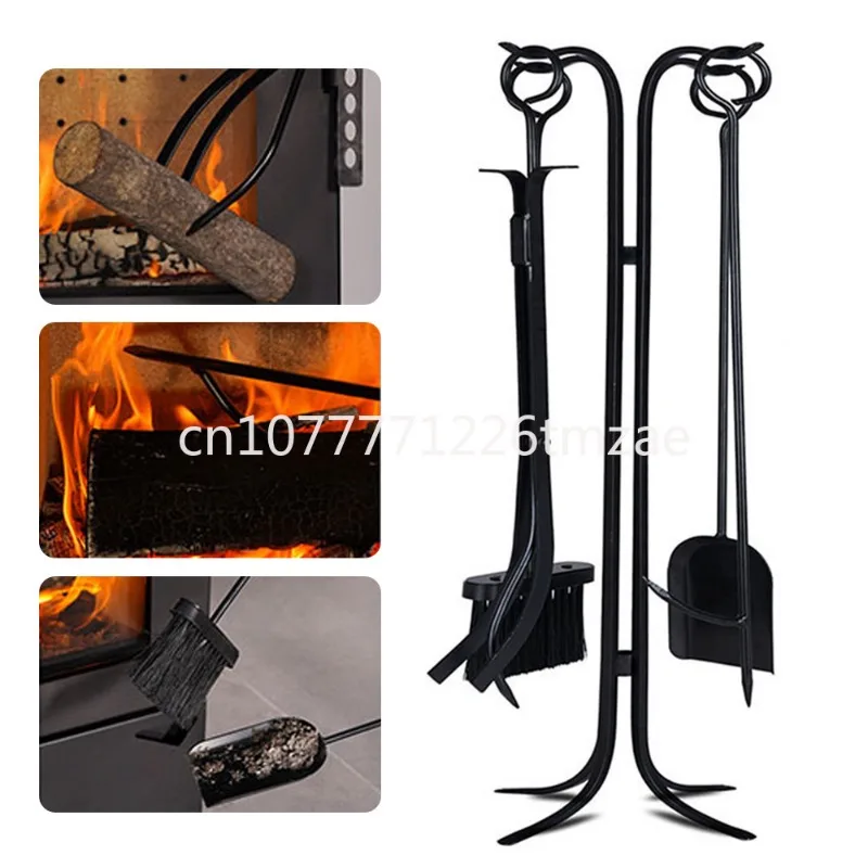 

Winter Fireplace Cleaning Tools 5-Piece Chimney Cleaning Shovel Wood Burner Fireplace Charcoal Fire Tongs Descaling Brush