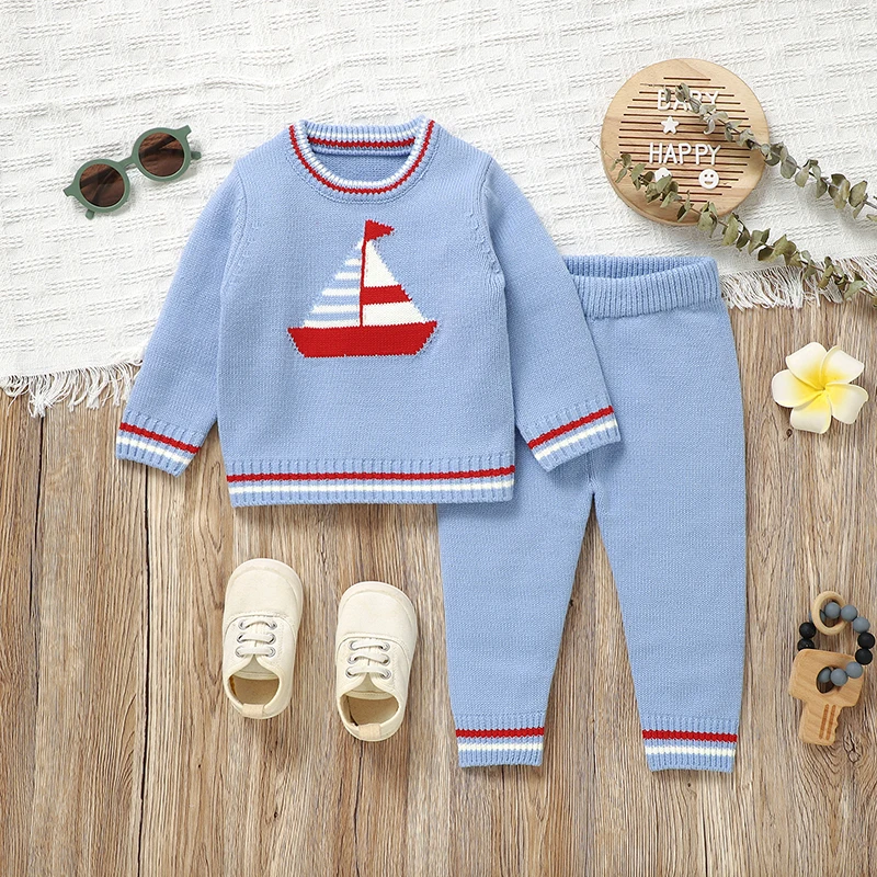 Autumn Baby Clothes Sets Knit Infant Girls Boy Sweater +Pants Long Sleeve Newborn Child Pollover Cute Cartoon Boat +Trousers 2PC