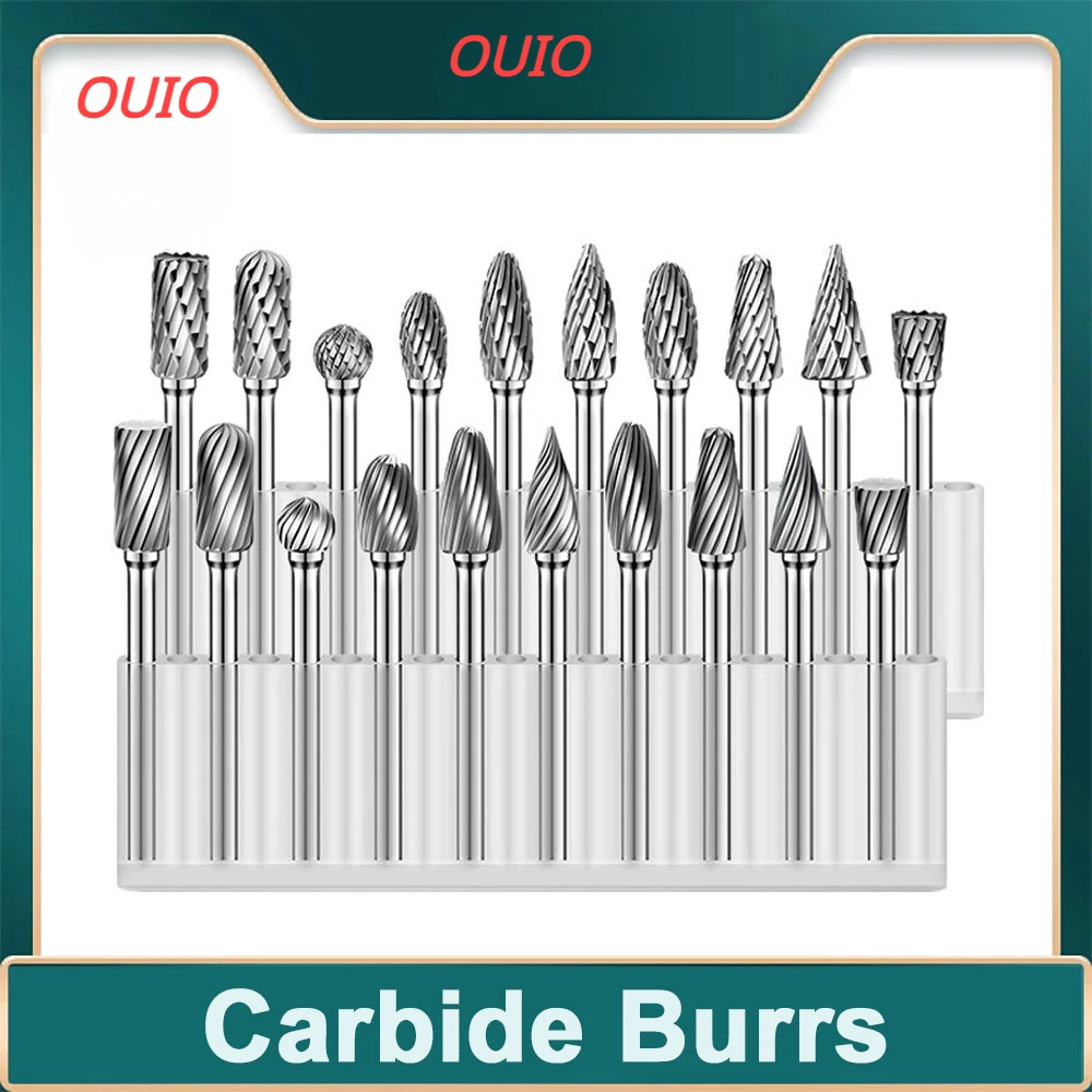 

OUIO Rotary Carbide Burrs Set 1/8" Shank, 1/4" Head Length Tungsten Steel for Woodworking Drilling Metal Carving Engraving