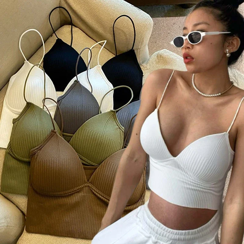 Women Camisole Slim Fit Sexy Stretch Push Up Bra with Chest Pads Cropped Navel Short Tube Top V-Neck Tops Sexy Babes Suspenders