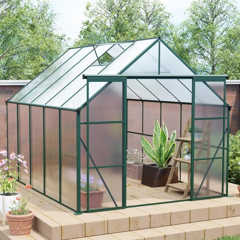 

8x10 FT Double Door Polycarbonate Greenhouse with Raised Base and Anchor, Heavy Duty Walk-in Structure for All-Season Outdoor