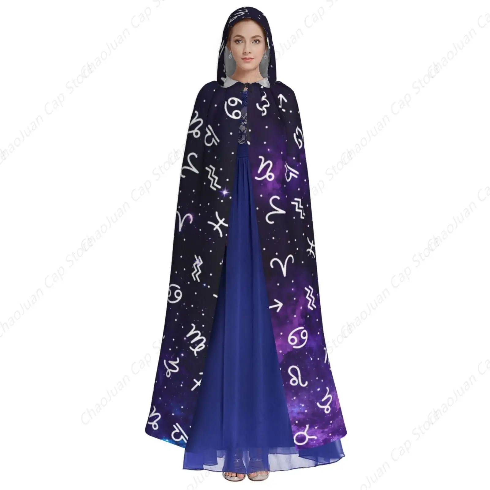 Zodiac Hooded Cloak, Starry Night Sky Galaxy Print with Constellation Symbols, Mystical Robe for Halloween Cosplay Witchcraft