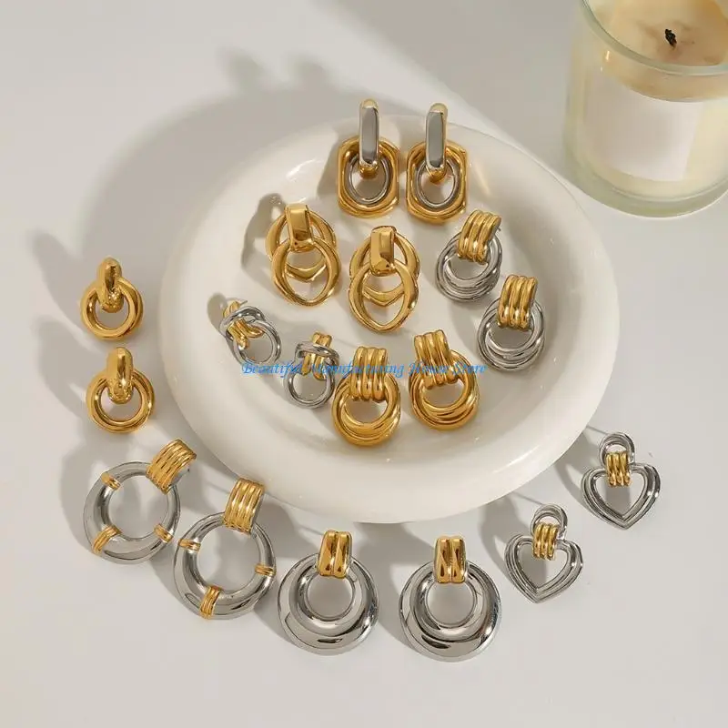 

E56A Unique Two Tone Round Earrings Accessory for Women’s Fashion Dangle Ear Jewelry