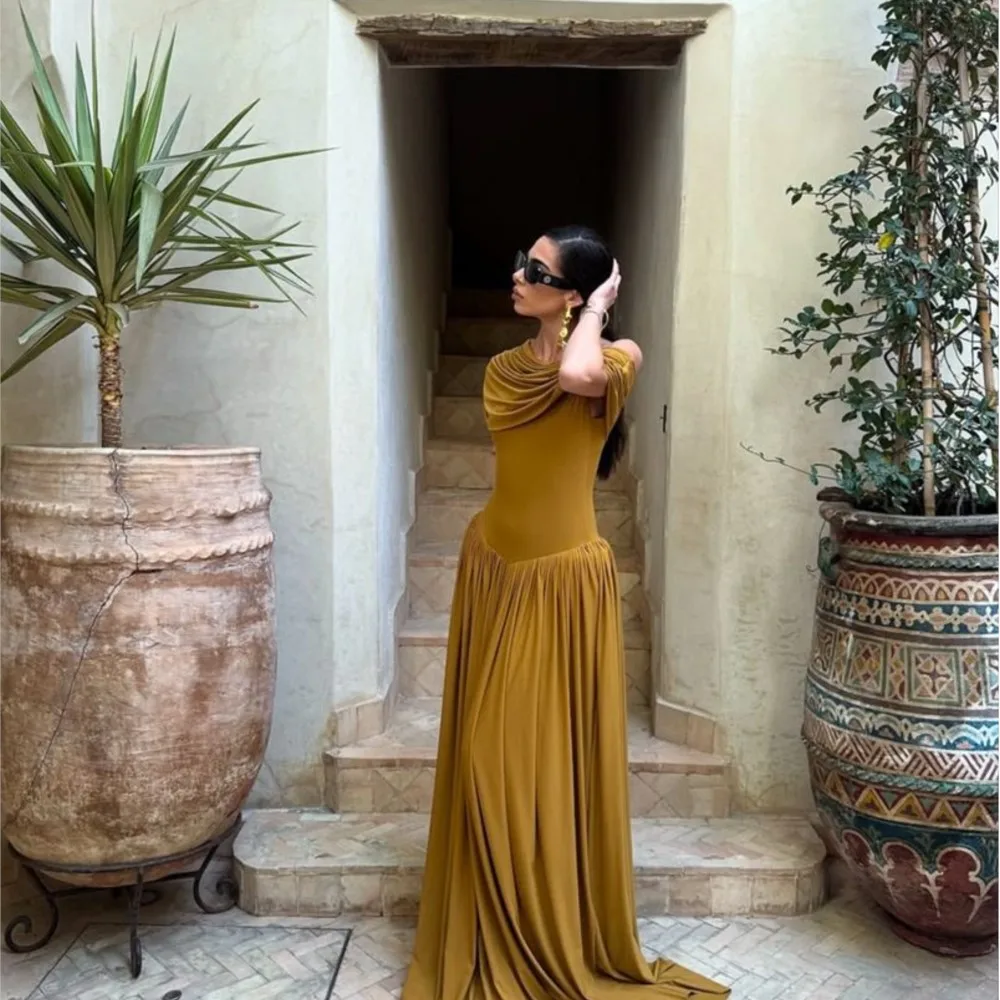 

Elegant Long Dress Spring Summer Fashion Retro Solid Color Simple Party Dress Short-sleeved Backless Slant Neck A-line Dresses