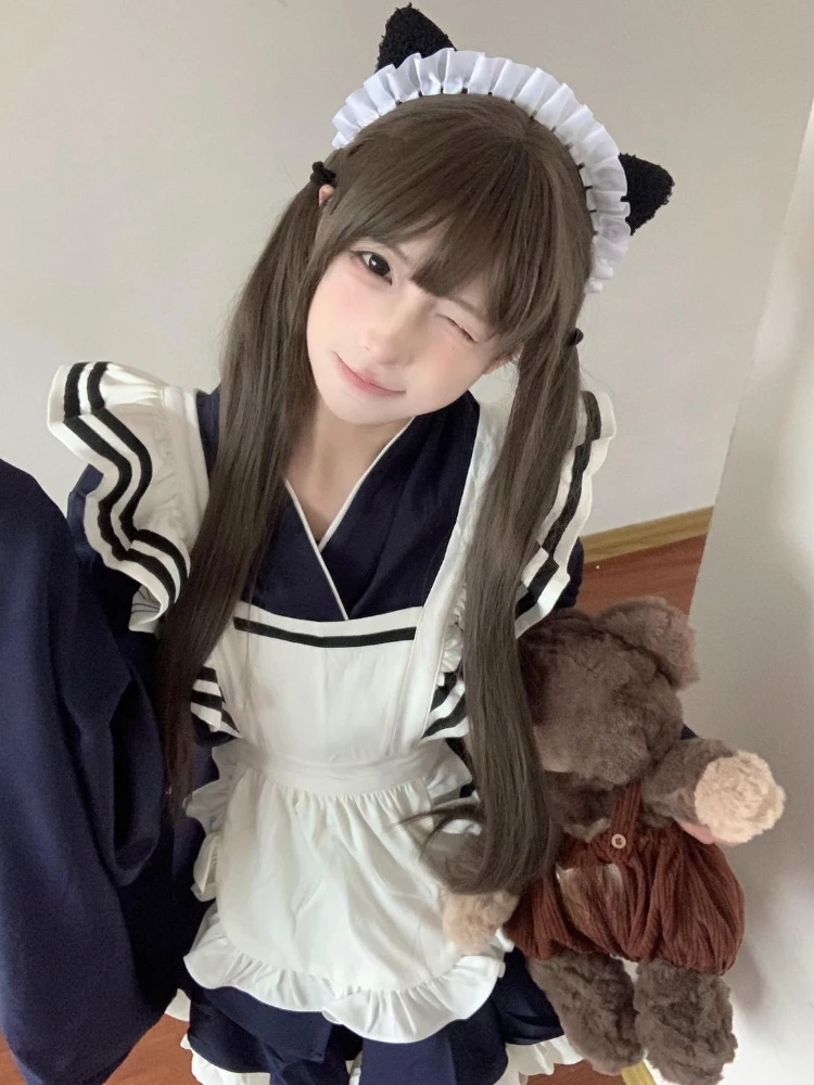 

Spring Cosplay Lolita Woman Dress Elegant Bow Ruffle Design Navy Blue Cute Design Maid Dress Female Kawaii Chic Party Outfits