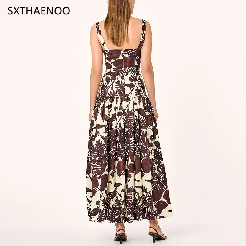SXTHAENOO 2025 Estate Donna in cotone stampato con spalle scoperte Gonna lunga Vacanza al mare Maxi Boho Chic Moda Abito da festa sexy