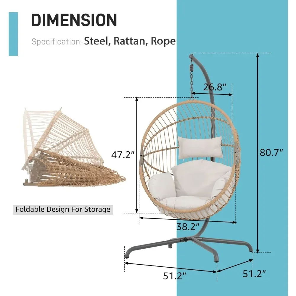 Indoor Outdoor Egg Swing Chair with Stand,  Cushion,Safety Strap,Patio Wicker Foldable Hammock Chair for Porch