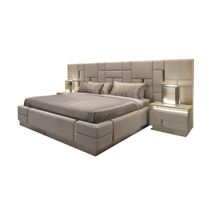 Light luxury leather double bed, luxury modern Italian master bedroom wedding bed villa high luxury furniture