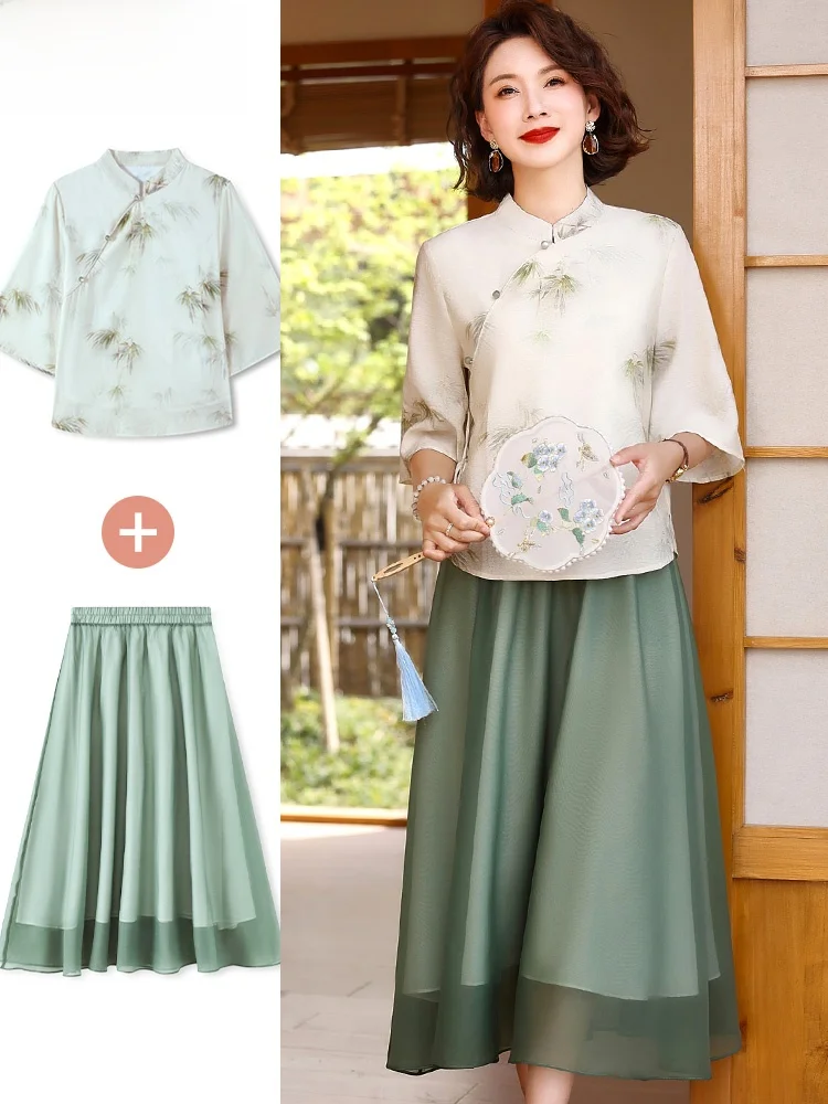 

Elegant Mid-aged Women's Summer Fashion Set with Ancient Style Top And Midi Skirt Loose Fit Comfortable Polyester B...