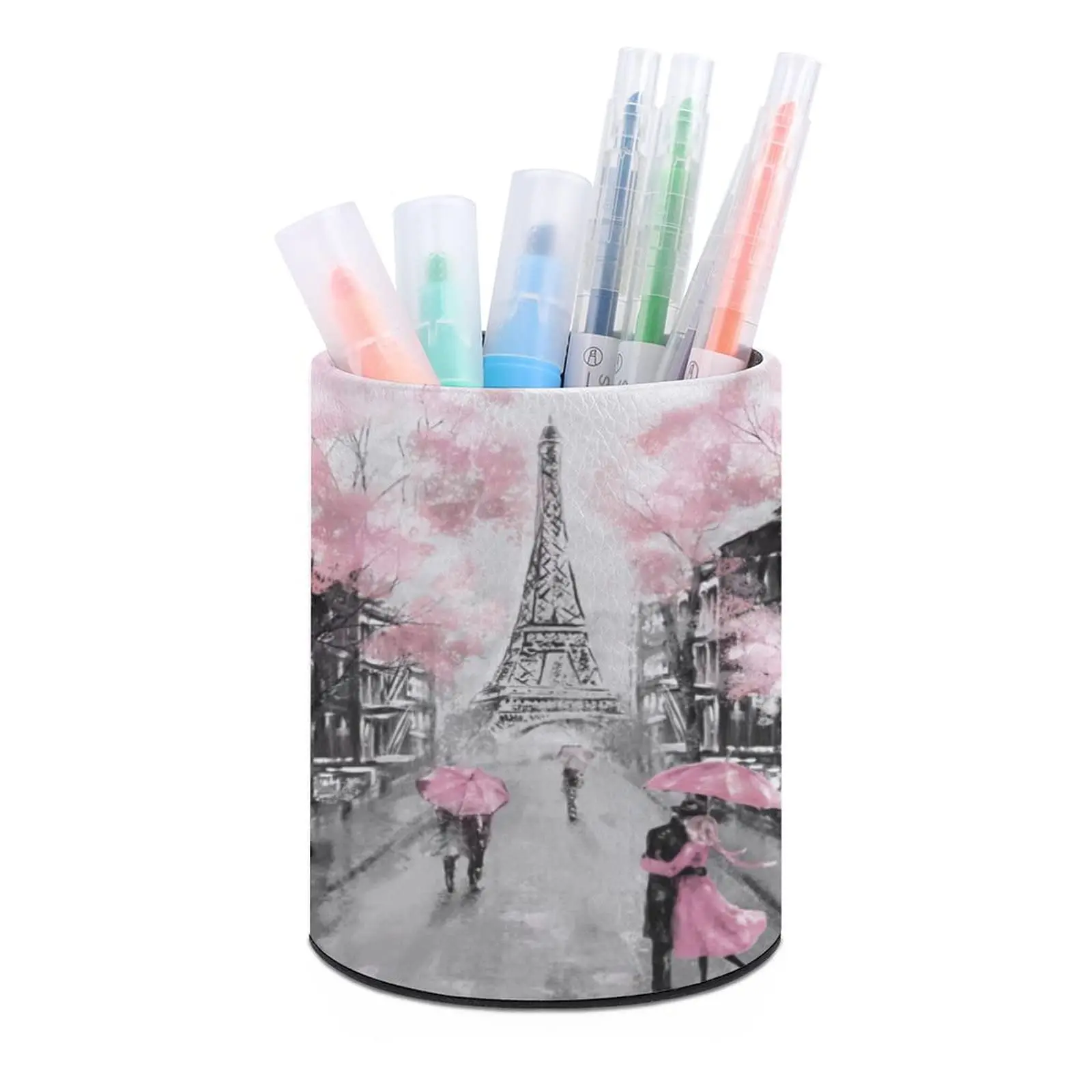 PU Leather Desktop Pen Stationery Organizer Case Eiffel Tower Flower Paris Pencil Holder Pot for Office Classroom Home School