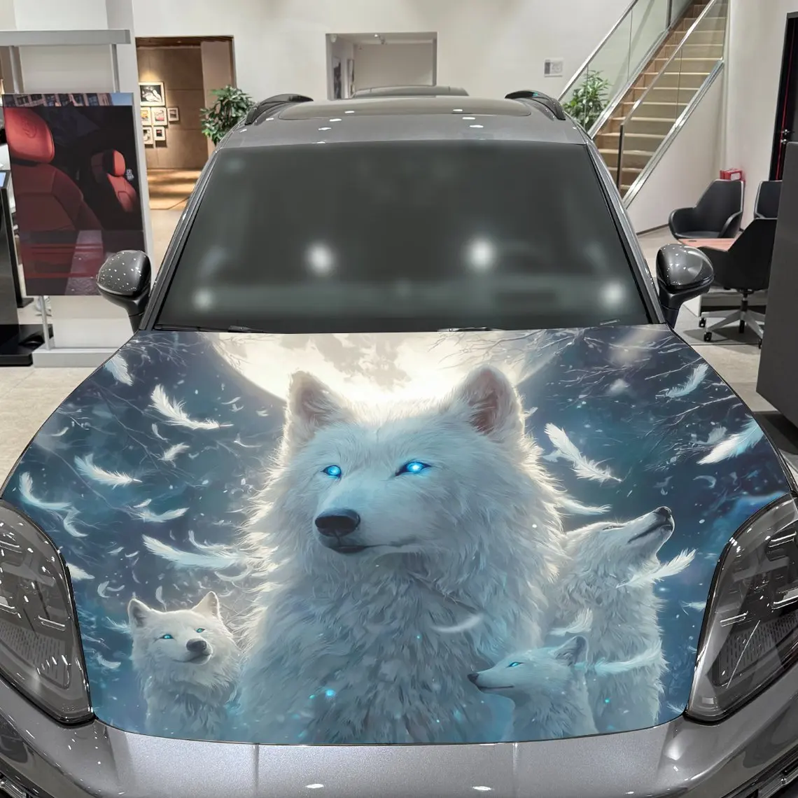 ملصقات غطاء السيارة ذات العيون الزرقاء على شكل قمر ليلي وولف أبيض، ملفوفة في ملصقات الفينيل الملونة، مناسبة لجميع السيارات، غطاء محرك السيارة المزخرف Pa #5