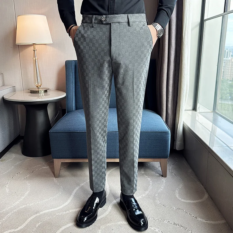 

Korean Fashiona Plaid Casual Pants for Men Slim Fit Business Dress Suit Pants High Quality Office Social Wedding Party Trousers