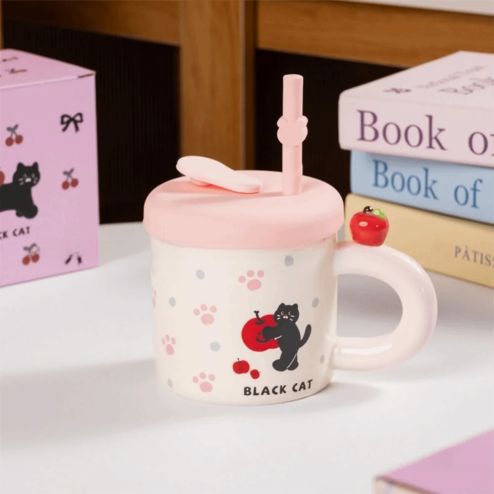 

Cute Cat Pattern Ceramic Coffee Mug with Straw Heat Resistant Water Cup with Lid Handmade Anti-scald Cartoon Cat Drinkware