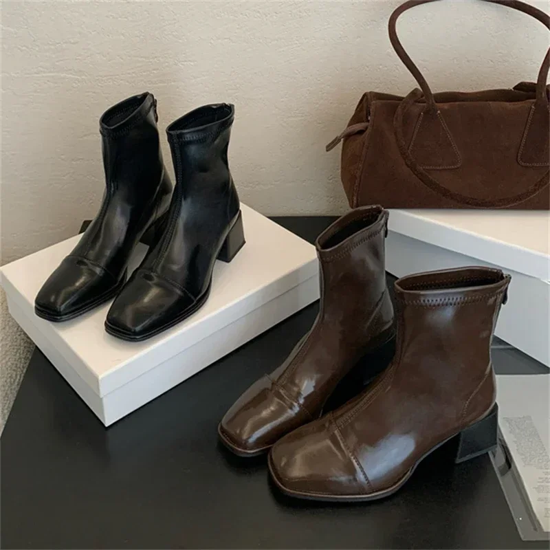 

Aneikeh/женские ботильоны высокого качества из искусственной кожи с круглым носком и молнией, модные вечерние модельные туфли на квадратном низком каблуке