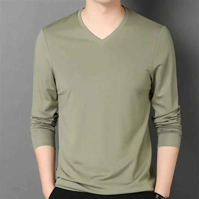 Fashion Men Solid Basic T-Shirts Spring Autumn Male Clothes V-Neck Tee Long Sleeve Bottoming Thin Slim Casual Pullover Tops 5XL