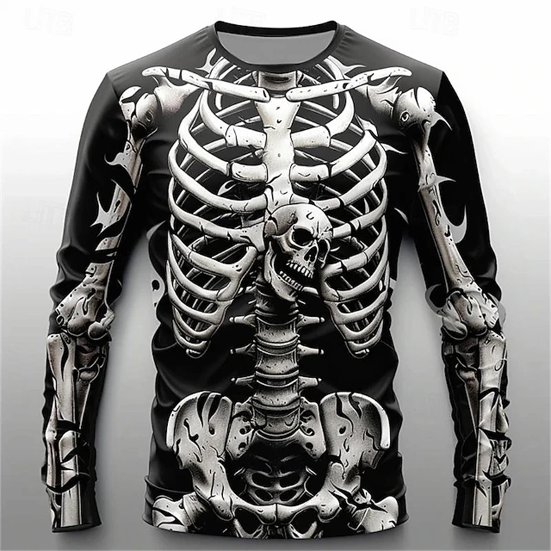 Retro 3D Full Print Long Sleeve T-shirt Mens Y2k Vatage Skeleton Skulls Graphic Harajuku Tee Tops Casual Harajuku Men\'s Clothing