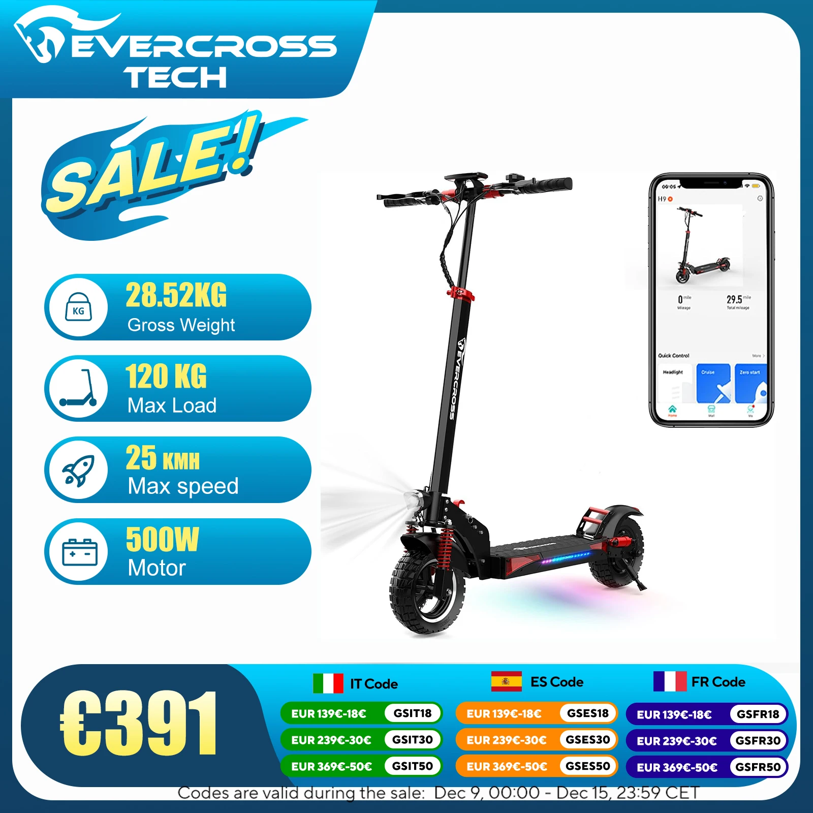 EVERCROSS TECH electric scooters for adults with App, 500 motor W, range up to 65 km, solid tires 10”