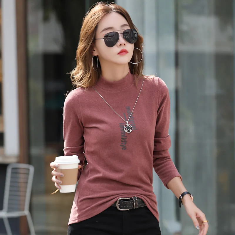 HI-FASHION Women Spring Pullover Korean Cotton Long Sleeve Slim Female Shirt Autumn Woman Office Half Turtleneck Tops