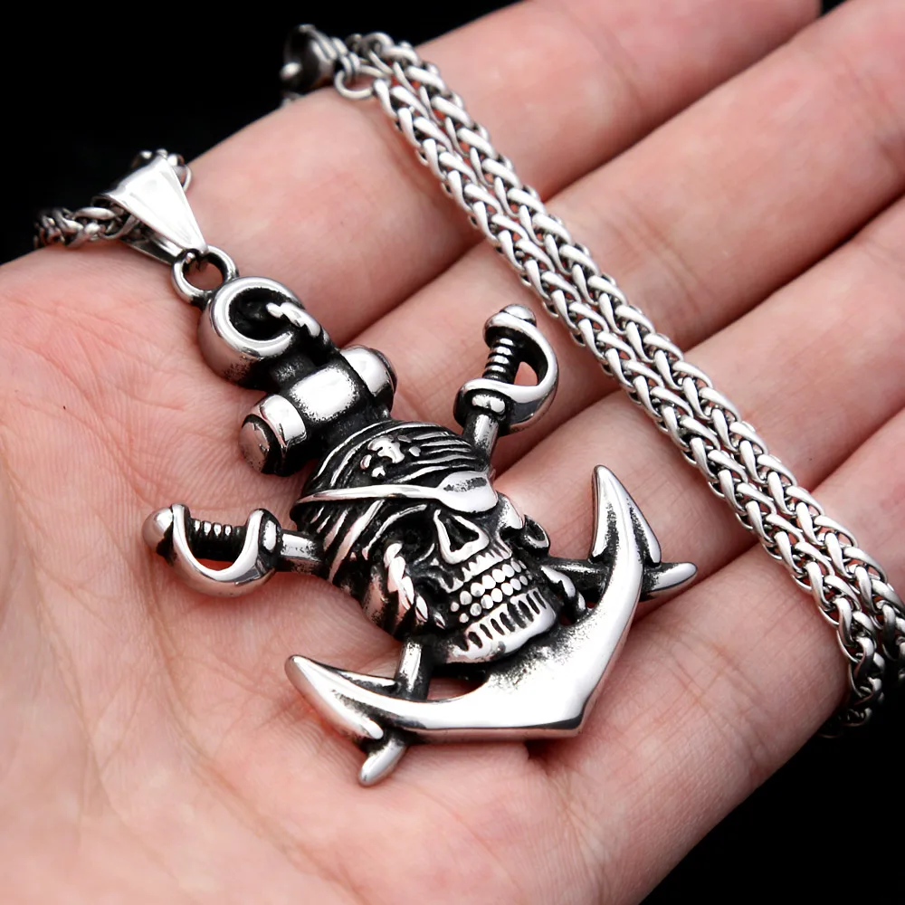 Gothic Pirate Anchor Skull Stainless Steel Pendant Necklace Pirate Skull Nautical Amulet For Men And Women Punk Fashion Jewelry view 6