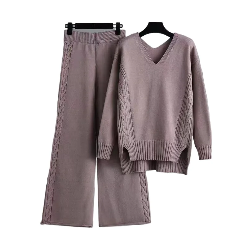 TRAF Lazy Loose Pullover Sweater Set Women New Autumn and Winter Simple Wide-leg Pants + Knitted V-neck Sweater Two Piece Set