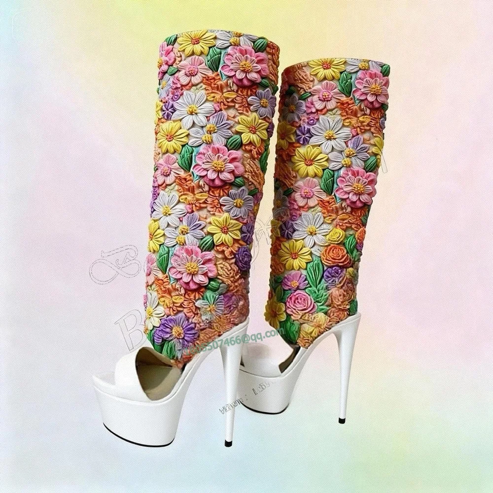 

Mixed Color Flower Decor Boots Strange Style Mid Calf Spike Heel Shoes for Women Low Heels Shoes New Arrival Zapatos Para Mujere
