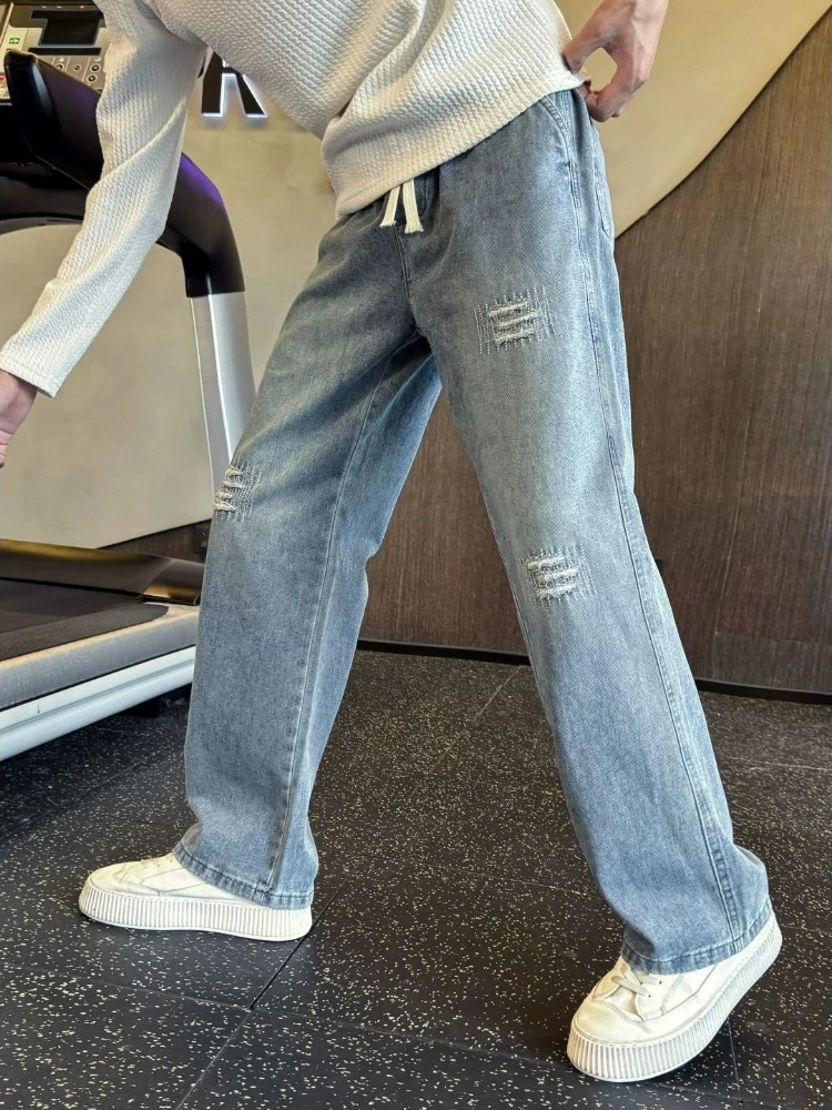 Mens Summer 2026 Washed Retro Scratched Denim Trousers Loose Fit Straight Wide Leg Pants