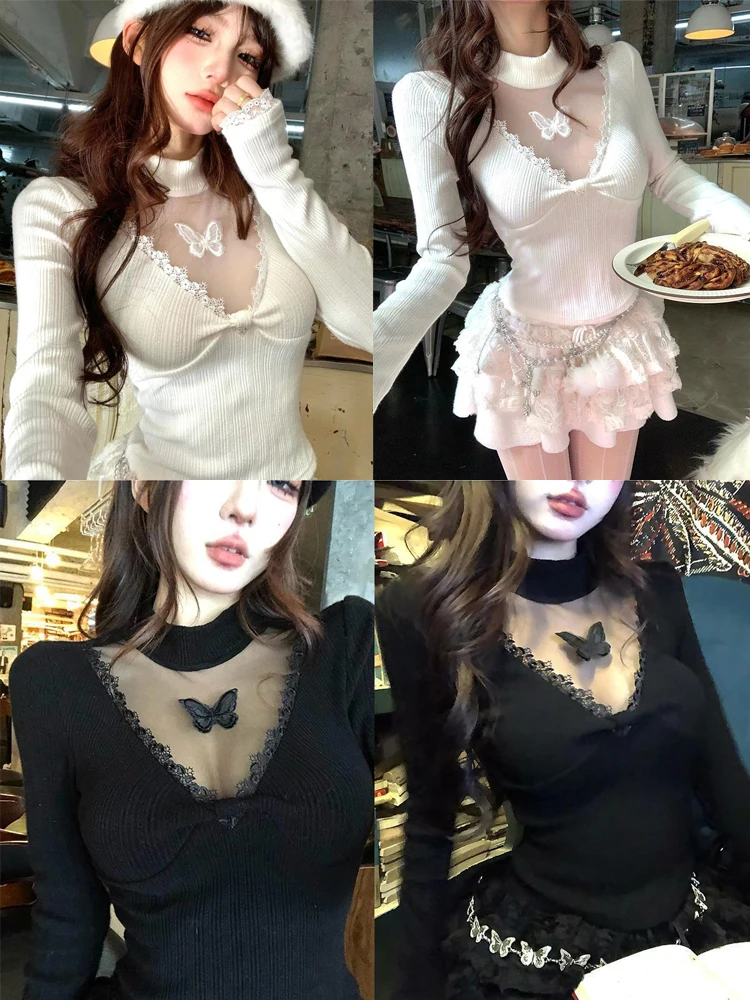 Subculture Vintage Y2k Crop Top Blouse Sexy Long Sleeve T-shirt Female Bodycon Korean Slim Gothic Elegant Tshirts Harajuku Tees