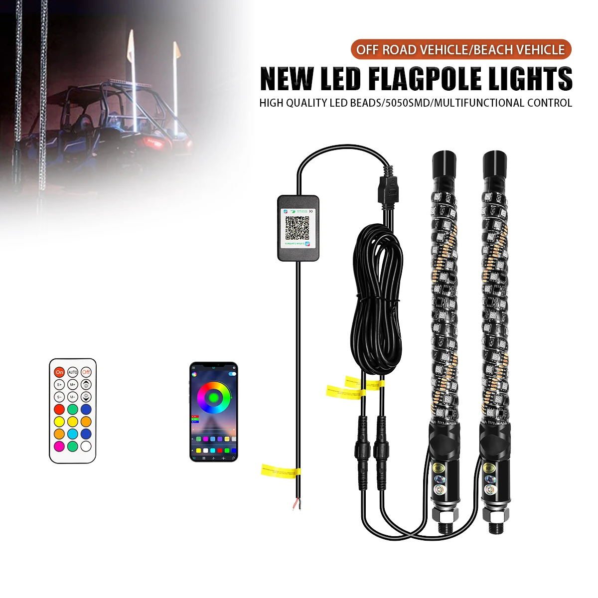 

1FT LED Whip Lights,Remote Control Flagpole Antenna Whips,for UTV, ATV, Off Road, Truck, Sand, Buggy Dune, RZR