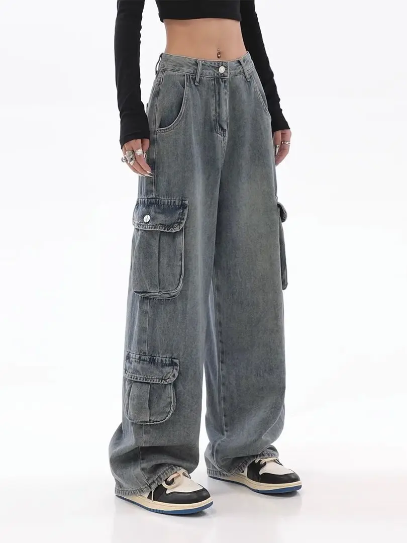 

American Retro Leg Wide Jeans Women Spring Autumn Do Old Loose Straight Cargo Pants Fashion Trend All-matched Pants