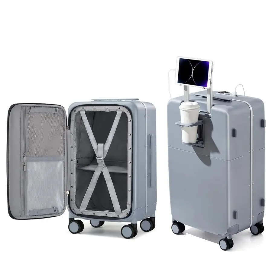 

Inch Carry On Luggage with Cup Holder and Charge,Top Opening Hard Shell Suitcases with Wheels and Dividers,Aluminum Frame Trunk