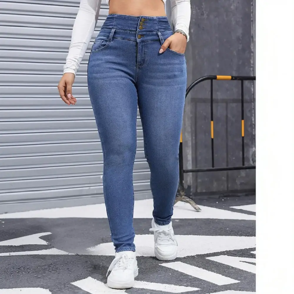 Fashion Winter Fleece Lined Jeans Women Slim Fit Elastic Pencil Pants Mid Waist Button Detail Casual Blue Denim Streetwear