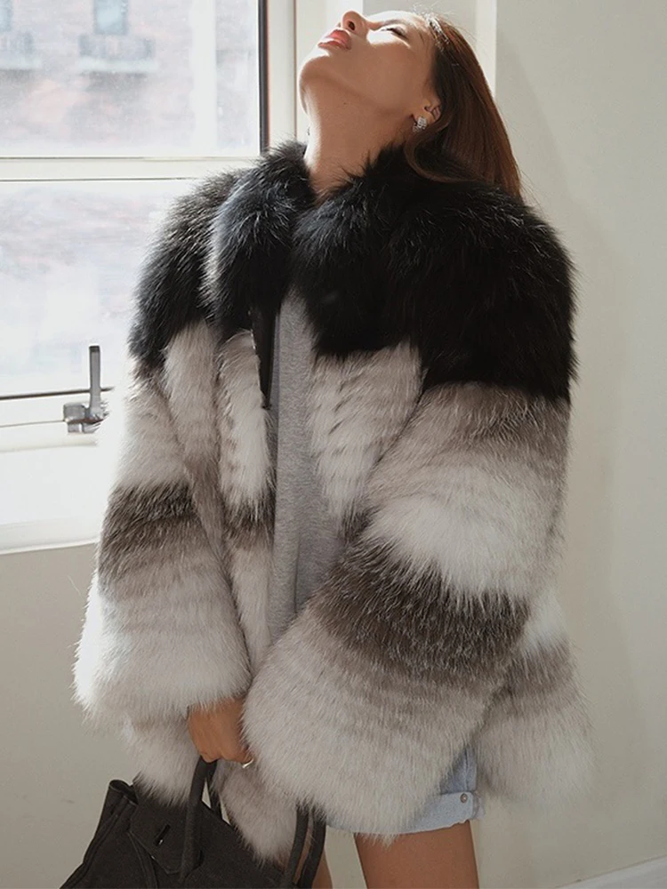 New Arrival Female Women Winter Real Fox Fur Collar Outerwear Jacket Coat Length 75cm