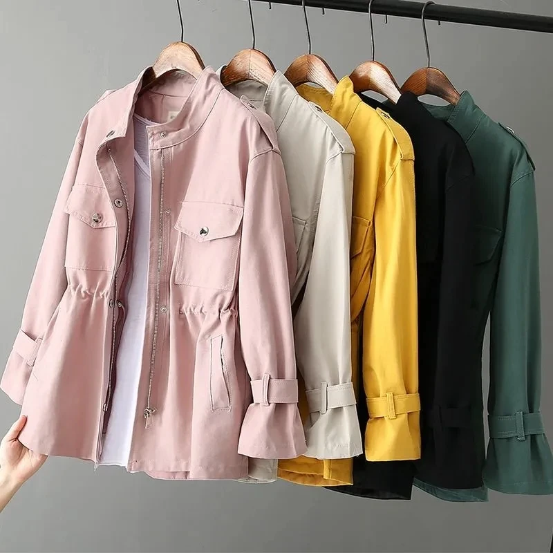 

Women's Windbreaker Spring Autumn Trench Coat Korean Fashion Casual Loose Ladies Solid Coats Zipper 100% Cotton Jacket Outwear