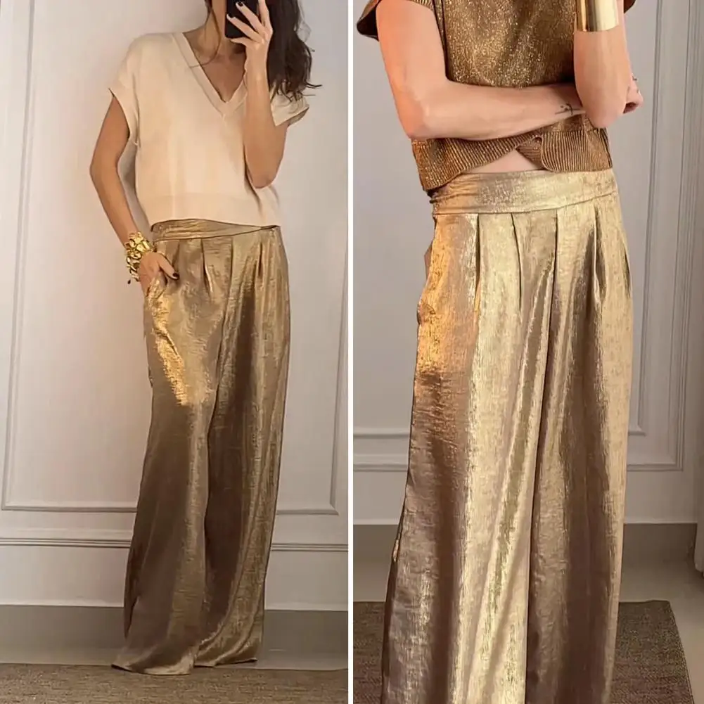 

Women's Metallic Long Pants Elastic High Waist Casual Trousers Solid Color Wide-Leg Pants Office Party Work Leisure Pants